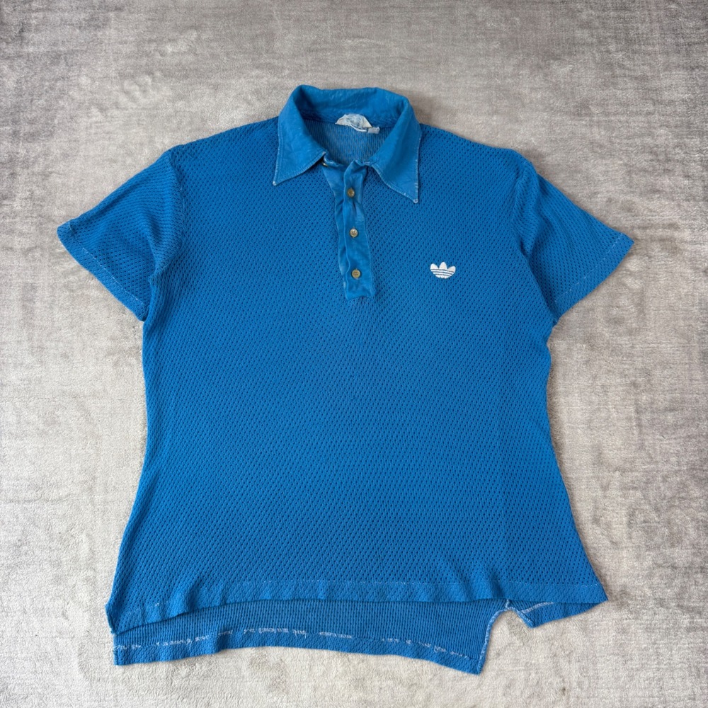 Adidas Shirt Mens Large Blue Mesh Trefoil Vintage 1970s Distressed Sport